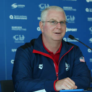 speaks to the media during the Team USA squad press conference at the Gold Coast Aquatics Centre on August 20, 2014 in Gold Coast, Australia.