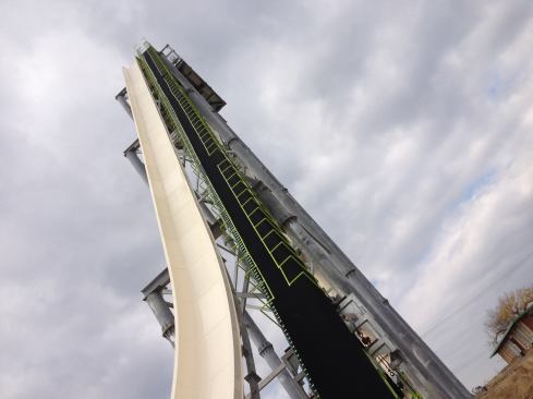 A look at the conveyor belt that will lift the four-person rafts to the top of the slide.