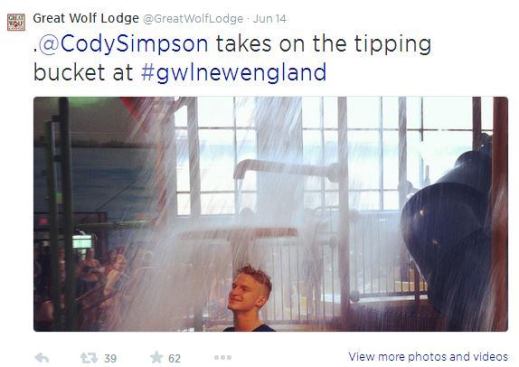 When Australian pop star Cody Simpson showed up at 
@GreatWolfLodge&nbsp;for some good old fashioned fun, the resort couldn't help but share its excitement via Twitter. We're sure the young girls were swooning over the up-and-coming singer, and the publicity certainly can't hurt, either! #AISwimSocial