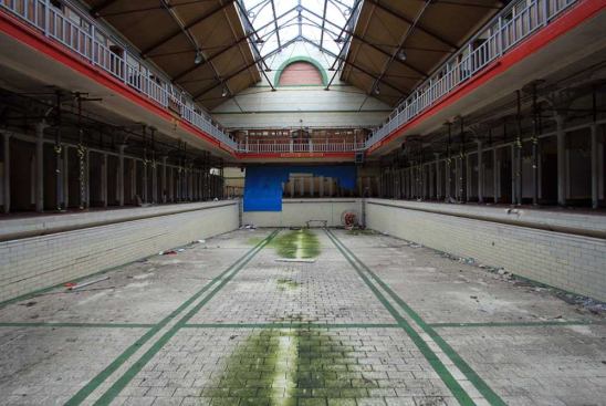 Harpurhey Baths – &nbsp;Manchester, UK &nbsp;The pool was closed in 2001 reportedly after serious defects were discovered in the building’s walls and machinery. While in operation it was "was a focal point for both work and play for many years," according to this 
report.